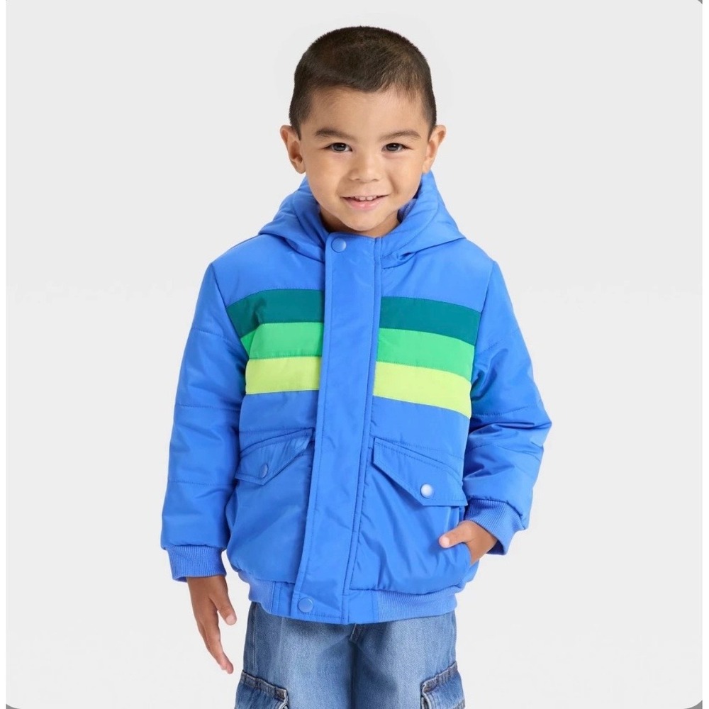 Cat & Jack Boys Bold Blue Striped Hooded Puffer Jacket 18M NWT